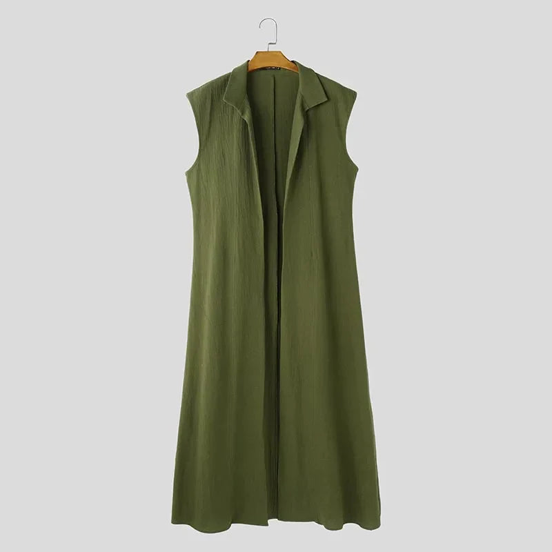 INCERUN Men Long Style Shirts Solid Stand Collar Sleeveless Casual Male Cardigan Streetwear 2025 Fashion Open Stitch Outerwear