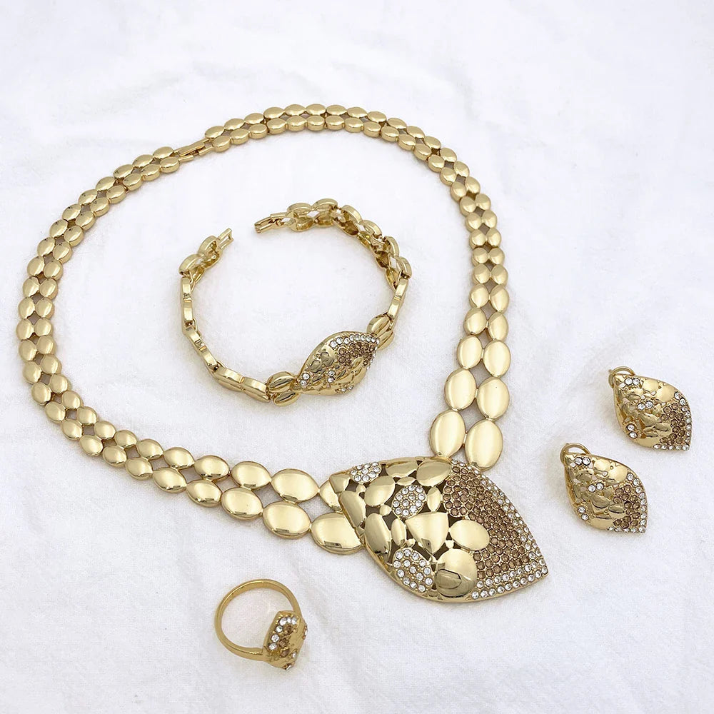 Quality Women Jewelry Sets Luxury Design Dubai Trending Gold Color Necklace Earrings Ring Bracelet Wedding Party Gift