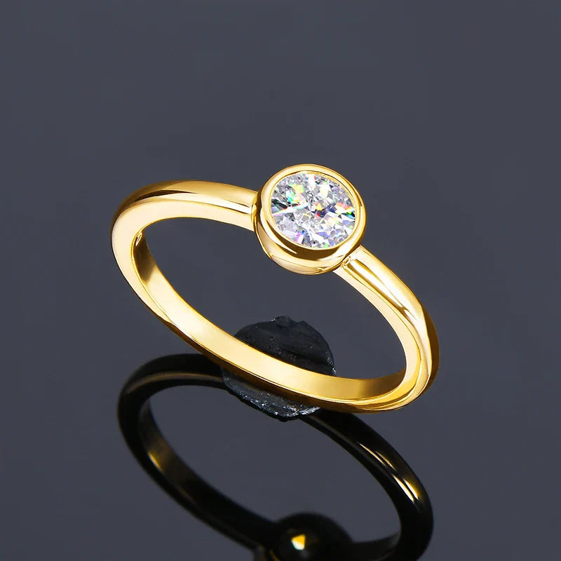 18K Gold Plated Solitaire Ring 0.5CT Bezel Moissanite Rings for Women Real Silver 925 sterling Promise Engagement Jewelry