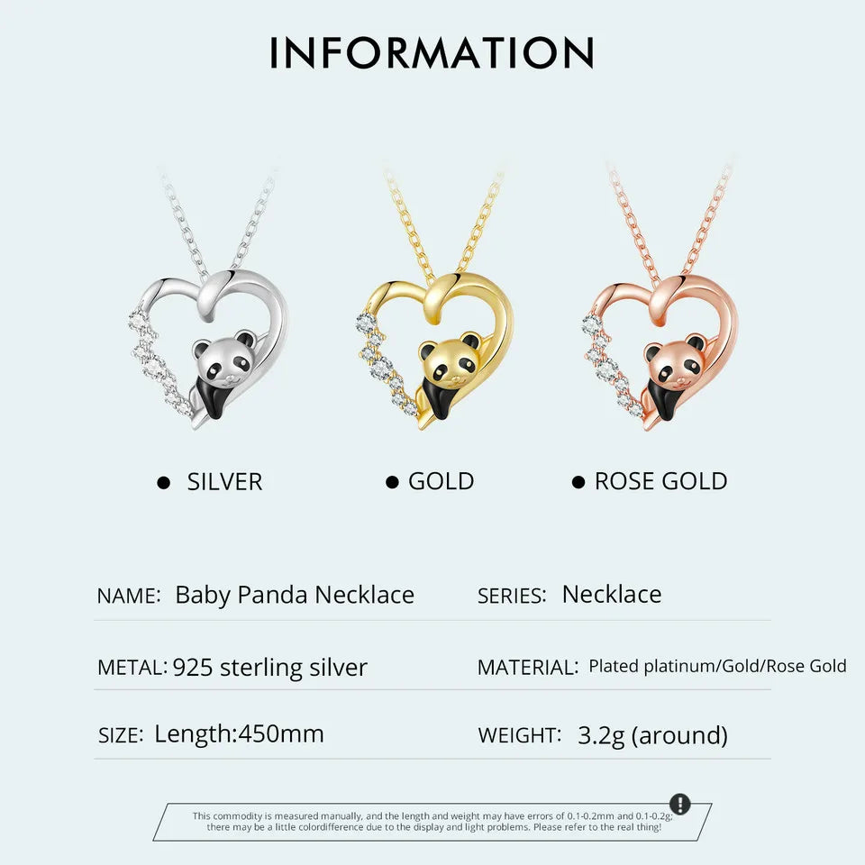 925 Sterling Silver Baby Panda Crystal Necklace Enamel Cute Animal Charm Chain Link for Women Gift 17.71'' SCN453