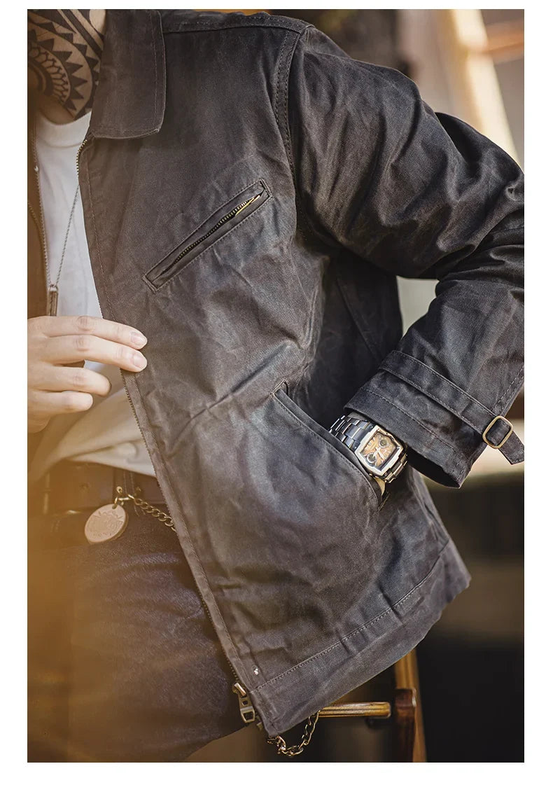 Men's Vintage IV Oil Waxed Canvas Jacket Lapel Zipper Short Outerwear Classic Slim Fit for Men's Spring and Fall Jacket