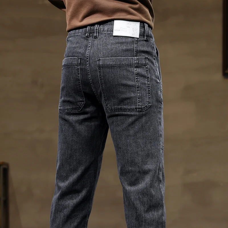 Versatile Six-Pocket Design Jeans Men's Loose Straight Leg Pants Stretchy Comfortable for Outdoor Hiking Activities All Seasons
