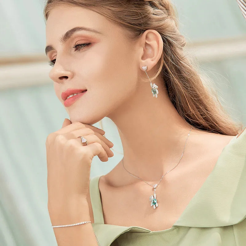 100% 925 Sterling Silver Pink CZ Heart And Cute Bear Animal Pendant Necklaces for Women Silver Jewelry Gift SCN271