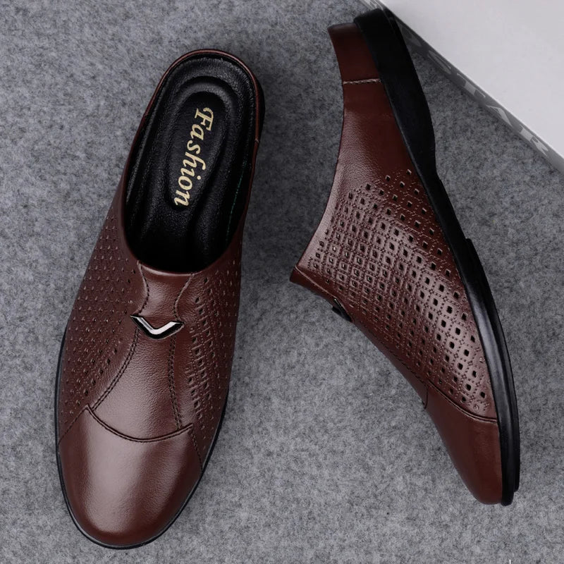 Summer Men Shoes Casual Brand Mens Penny Loafers Genuine Leather Luxury Half Slipper For Men Breathable Lazy Driving Shoes Man