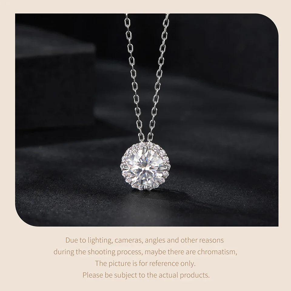 925 Sterling Silver Round Halo Moissanite Necklace, White Gold Plated Classic Elegant Necklace Engagement Jewellry Gift