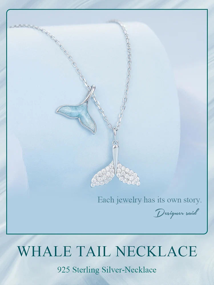 925 Sterling Silver Sky Blue Enamel Whale Tail Pendant Necklace Double Fish Tail Neck Chain for Women Fine Jewelry BSN294