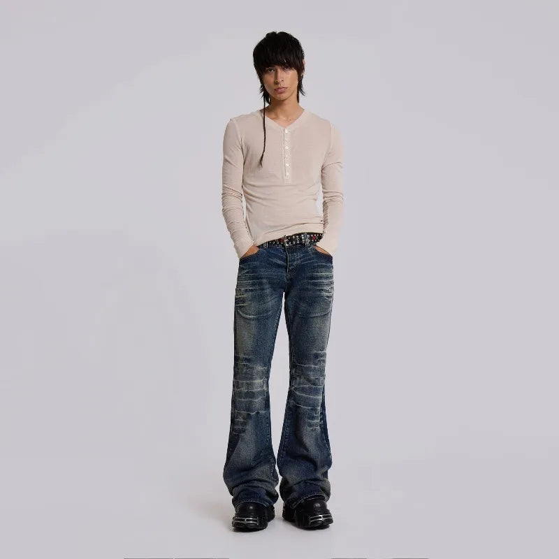 Y2K Mid Blue Flared Jeans Vintage Washed Men Women Bootcut Jeans Gothic High Street Unisex Streetwear Retro Baggy wide leg Pants