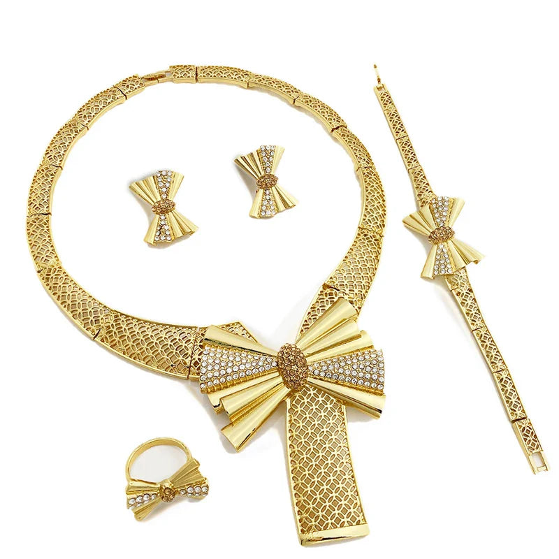 Italy 18k Gold Plated Women Jewelry Set Classic Design Bowknot Necklace Earring Bracelet And Ring 4PCS Set Jewelry Wedding Party