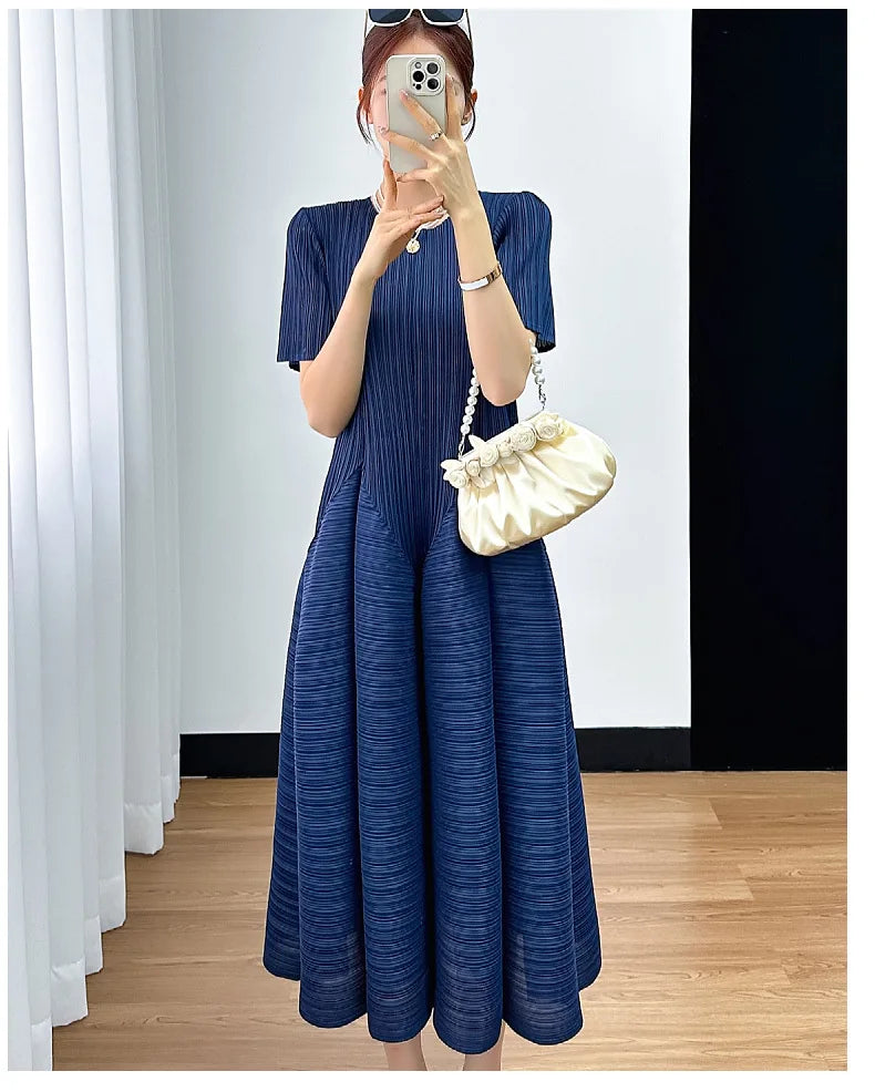 Y2k Pleated Women's Dress Bubble Short-sleeved Loose Slim Thin Medium-length Dresses for Women 2024 Summer New
