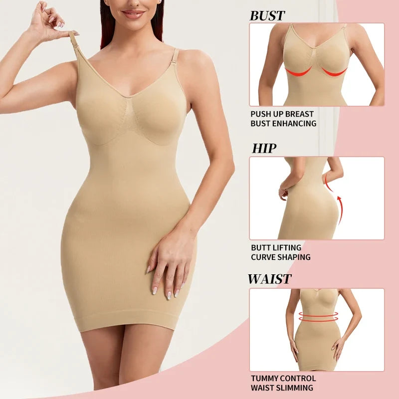 Sexy Full Slip Shapewear Women Dress V Neck Bodycon Underwear Smooth Compression Body Shaper Slimming Waist Abdomen Belly Corset