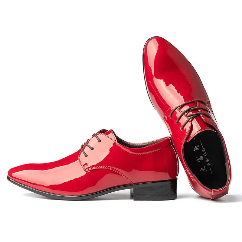 Men's Red Patent Leather Wedding Groomsmen Shoes Low Block Heel Business Formal Dress Shoes Trendy Casual Footwear