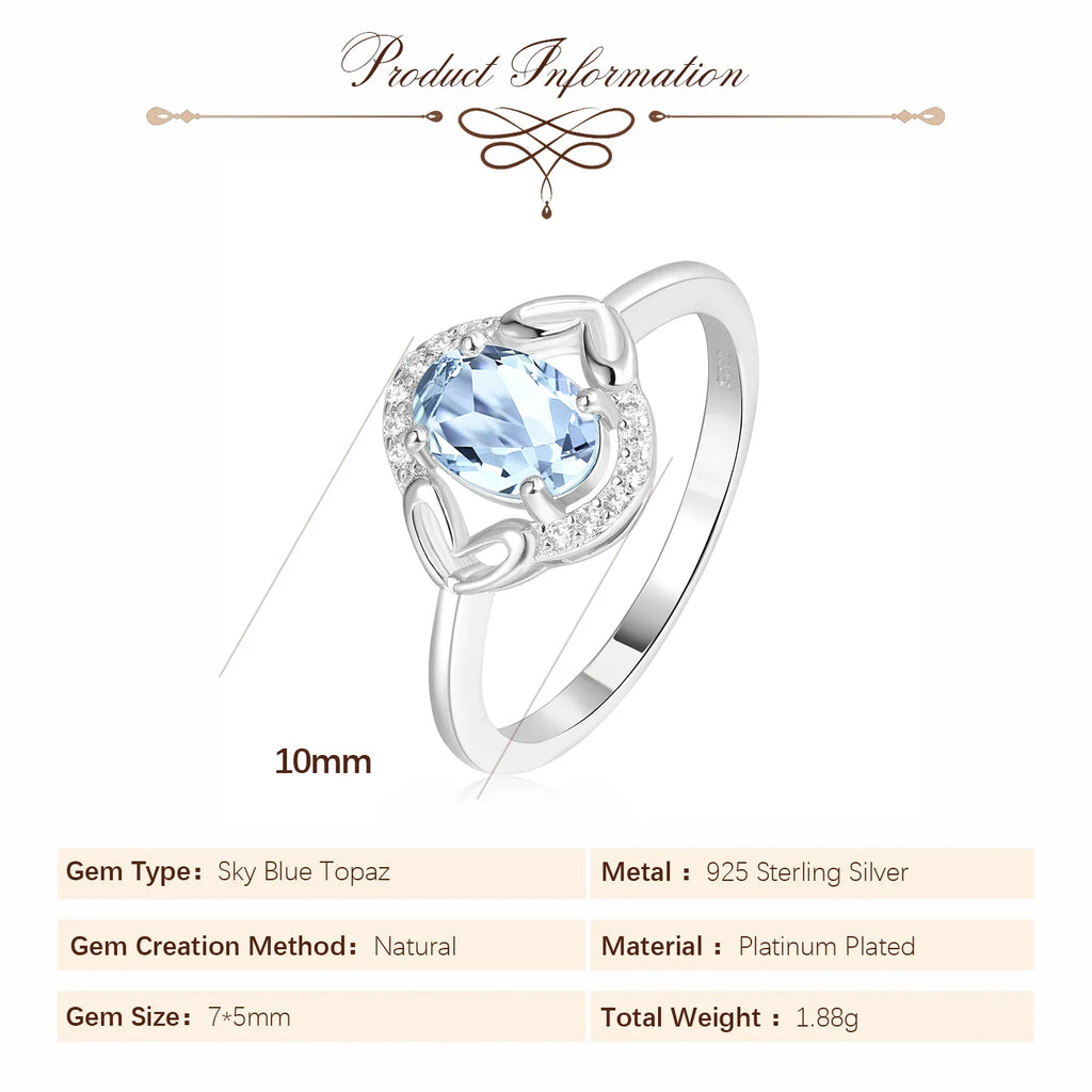Oval Genuine Natural Sky Blue Topaz 925 Sterling Silver Rings for Women Fashion Gemstone Engagement Ring Band