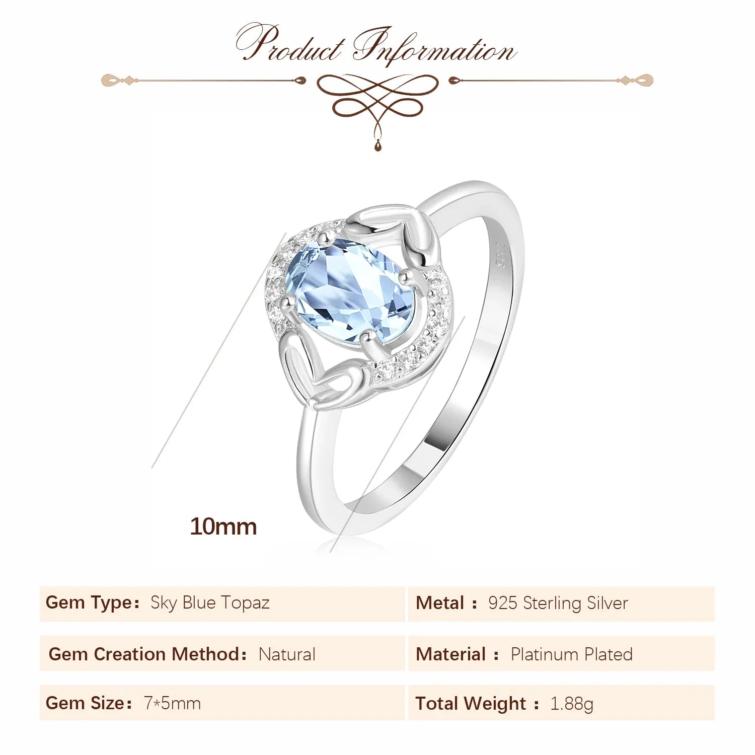 Oval Genuine Natural Sky Blue Topaz 925 Sterling Silver Rings for Women Fashion Gemstone Engagement Ring Band
