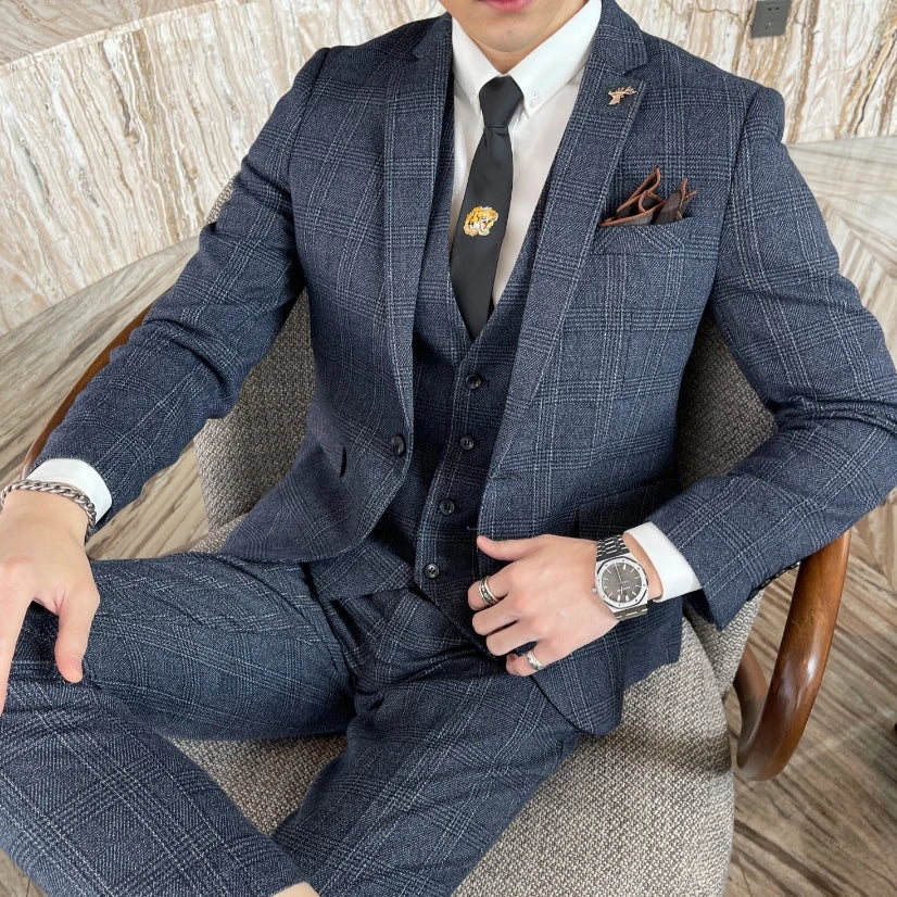 British Modified Plaid Three-Piece Suit for Men - Stylish Business Casual Suit Vest And Trousers Set