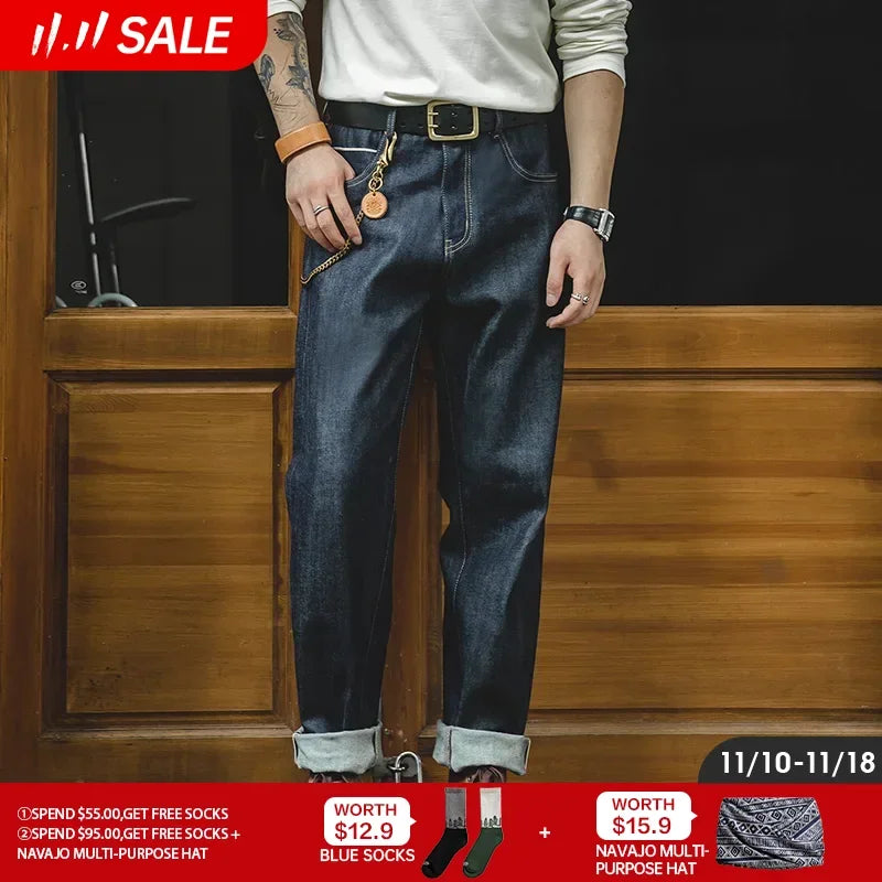 Men's Pants Vintage Denim Red Ear Original Cow Straight Tube Jeans