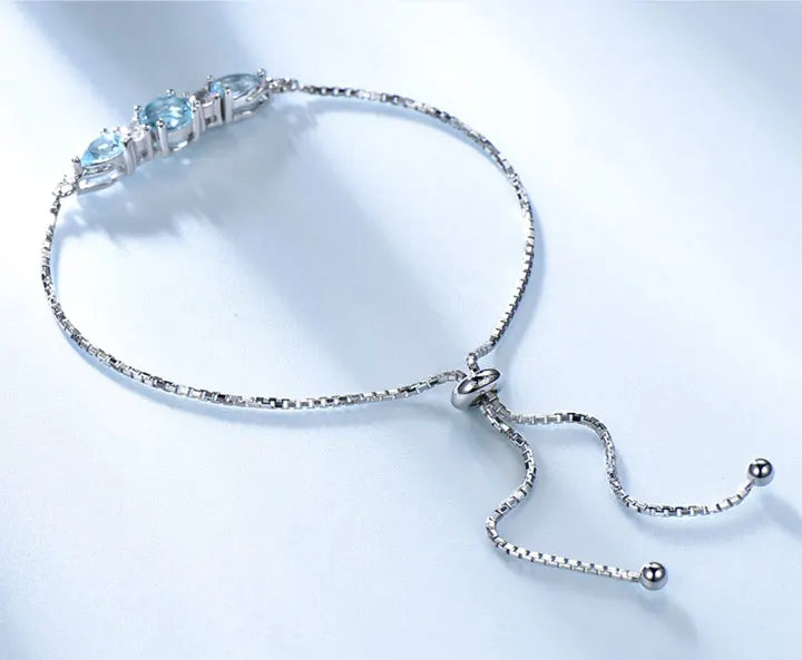 925 Sterling Silver Bracelets Adjustable Bangle Nano Blue Topaz Bracelet Round Pear Bracelets for Woman Wedding