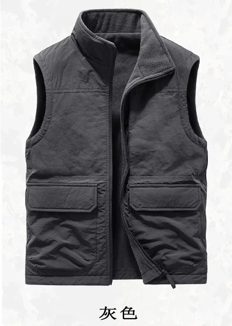Reversible Sleeveless Jacket Men's Vest Coat Winter Waistcoat Thick Warm Fleece Workwear Tops Cargo Vest Windbreaker New Fashion