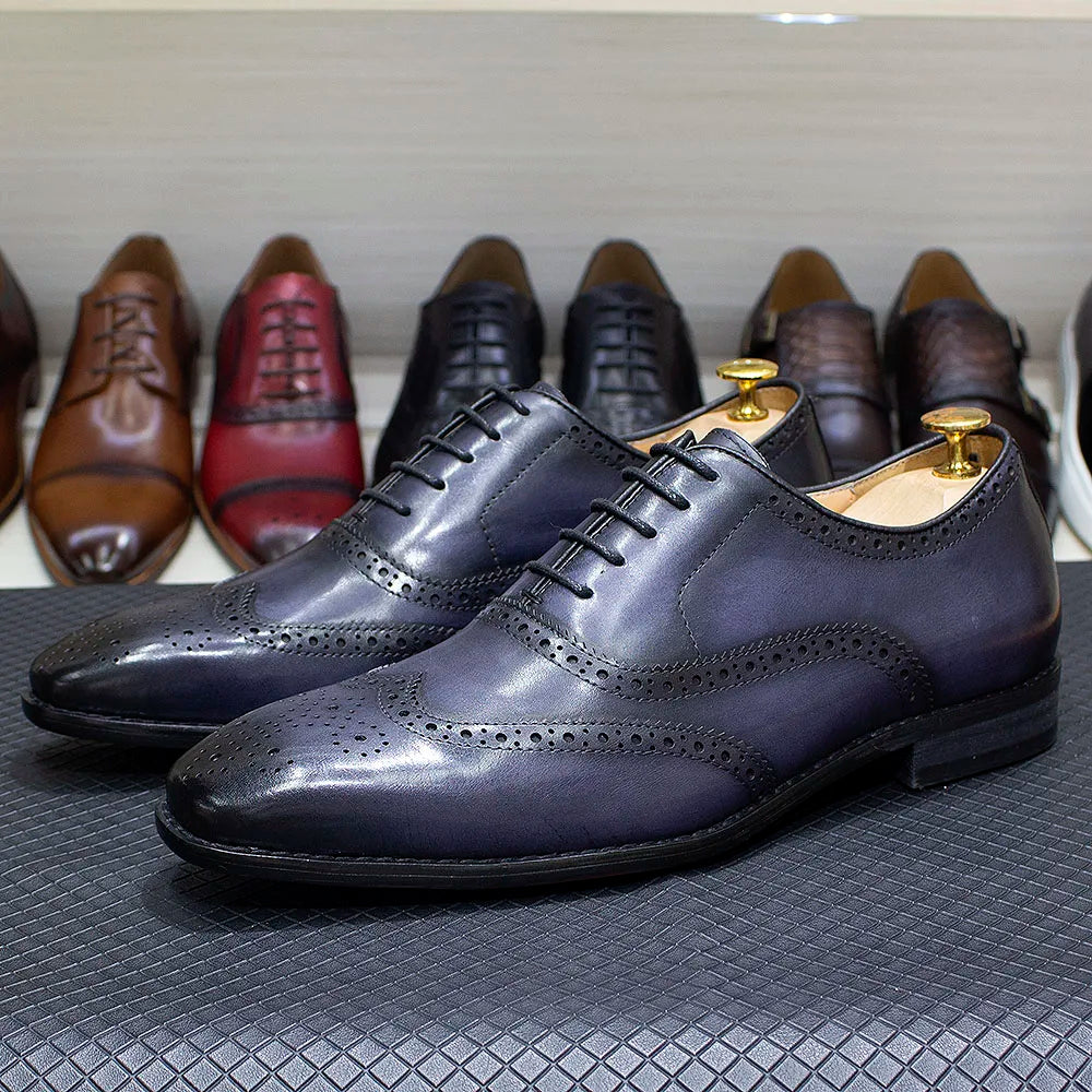 Size 7-12 Handmade Men's Wingtip Oxford Shoes Genuine Calfskin Leather Brogue Dress Shoes Classic Business Formal Shoes for Men
