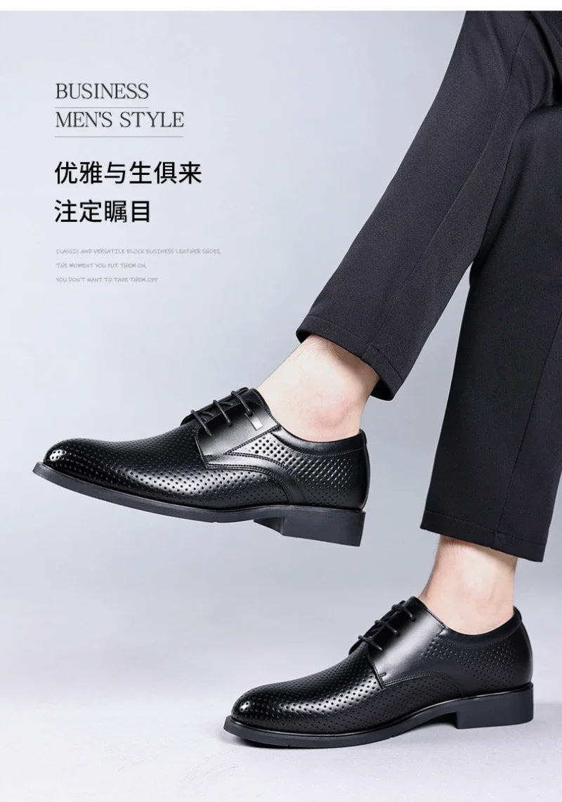 Mens Black Genuine Leather Perforated Metal Decor Lace Up Formal Business Office Breathable Summer Shoes Hollow Stylish Simple