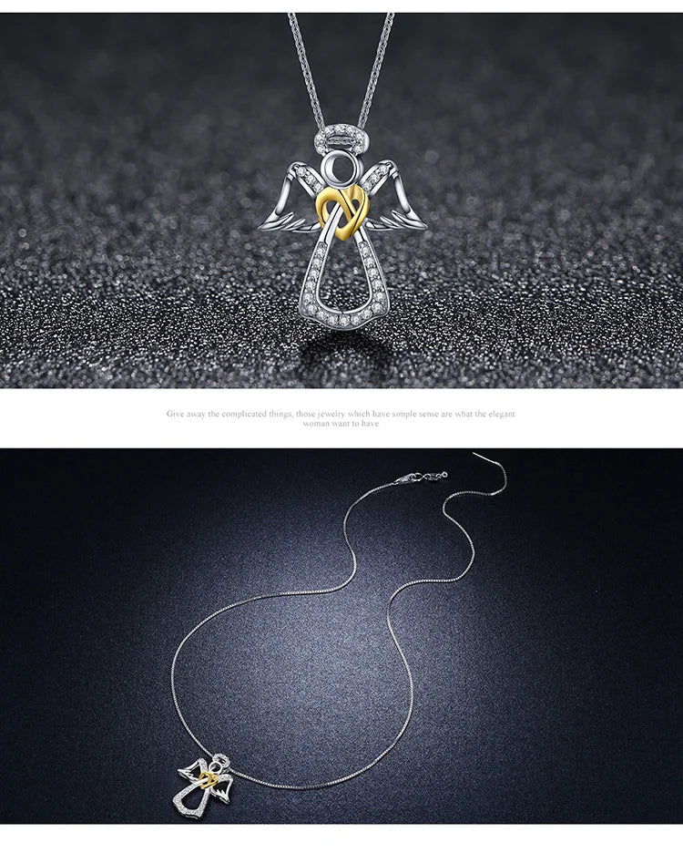 925 Sterling Silver Guardian Angel Pendant Necklace Angel Wing Chain for Women Dazzling Zircon Luxury Jewelry SCN123