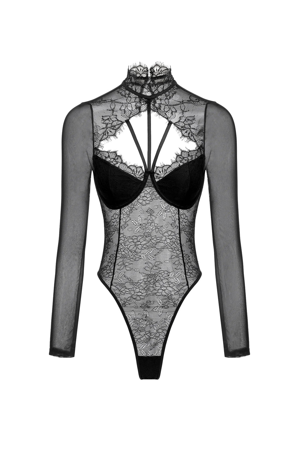 Sleek Fitted Bodice Sexy Lace See Through Long Sleeve Bodysuit Y2K Stretch Shirt Push Up Bra Padded Slim Top One-Pieces Lingerie