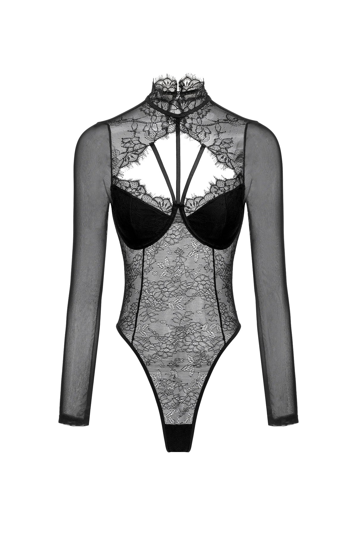 Sleek Fitted Bodice Sexy Lace See Through Long Sleeve Bodysuit Y2K Stretch Shirt Push Up Bra Padded Slim Top One-Pieces Lingerie