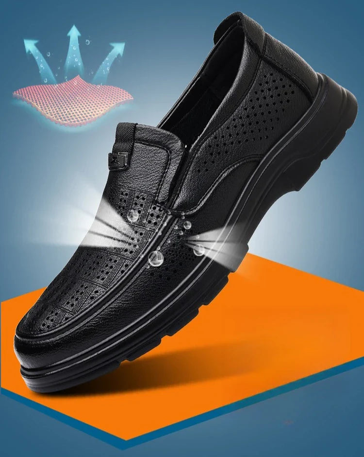 Men's Summer Breathable Leather Loafers Brown Hollow Out Slip-On Shoes Male Thick Sole Comfortable Non-slip Work Shoes for Man
