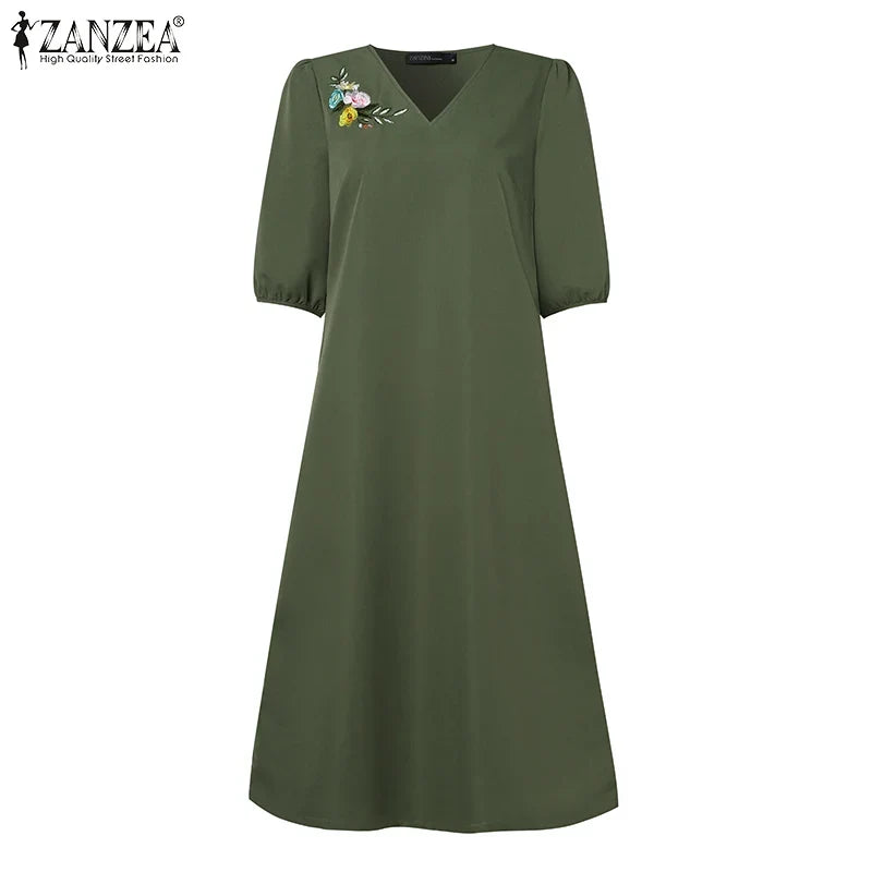 Women V Neck A-line Vestidos Solid Holiday Casual 2024 Summer Dresses Commute Half Sleeve Floral Embroidery Midi Dress