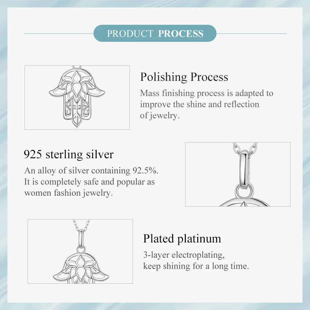 925 Sterling Silver Guardian Fatima's Hand Pendant Necklace Flower Pattern Neck Chian for Women Platinum Plated SCN490