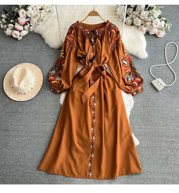 Retro Ethnic Sle Long Sve Embroidered round Ne A-Line Cotton Linen Dr Slimming Waist Cinched Ele Long Dr