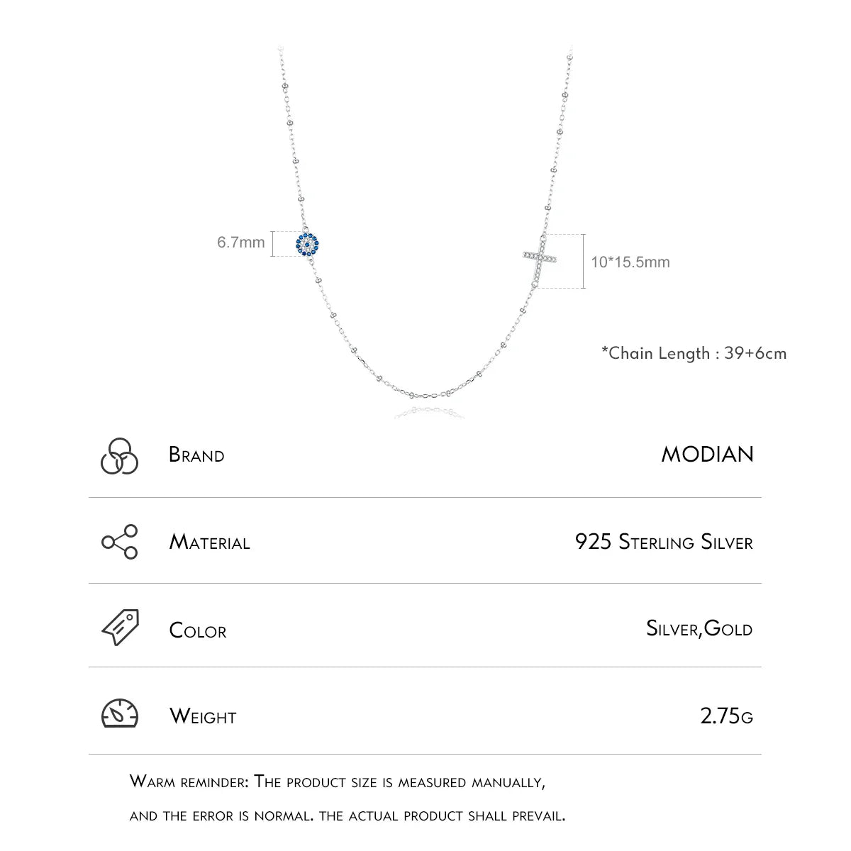 Simple Cross Beads Necklace Real 925 Sterling Silver Blue Zirconia Eye Link Chain Necklaces For Women Party Fine Jewelry