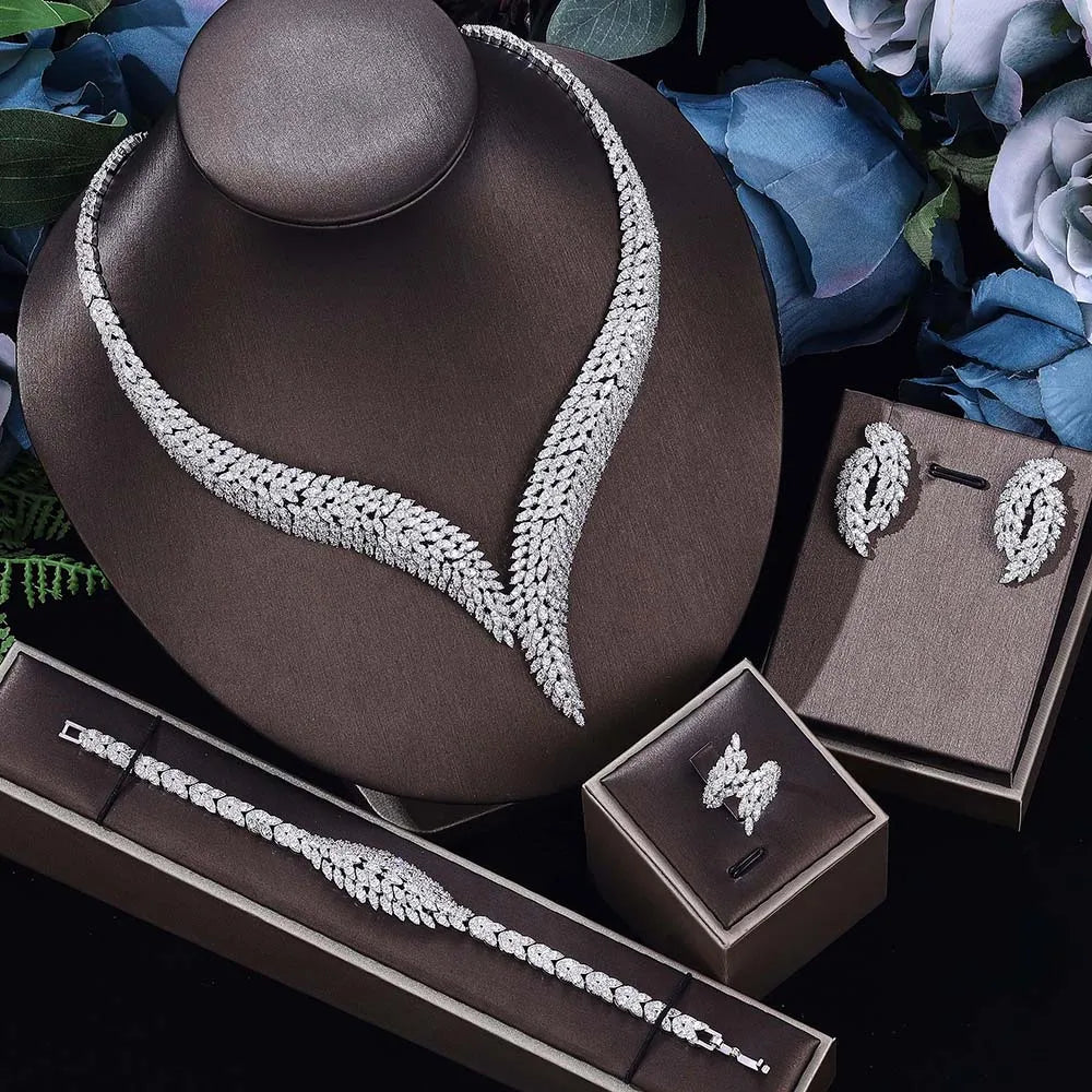 4 pieces of bride zirconia full set of women's party jewelry, luxury Dubai Nigeria CZ luxury crystal wedding necklace set