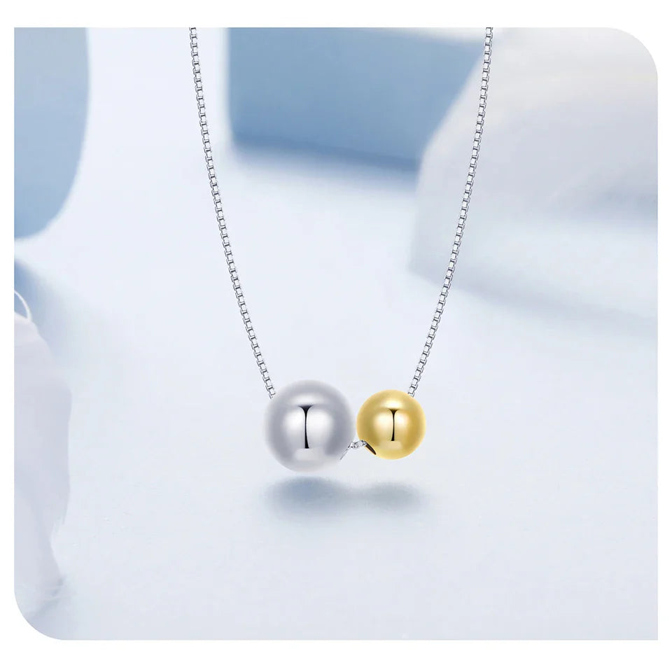 BAMOER 925 Sterling Silver Round Ball Beads Pendant Necklace Fashion Waterproof Metal Daily Gold Plated Trendy Jewelry for Women