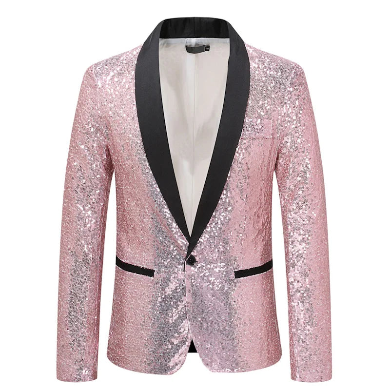 2026 Men's Suit Jacket, Shiny Sequin Stage Performance Coat, White Silver Blue Red Purple Blazers V-neck Single Button