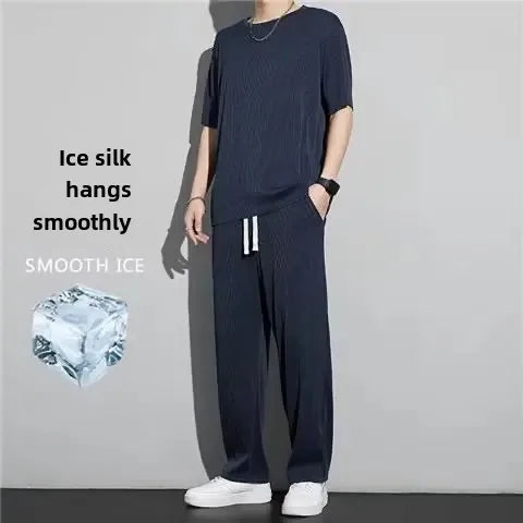 High-End Ice Silk Men's Sports Suit Casual Home Use Long Pants Short Sleeves Quick Drying Top Set Summer Collection
