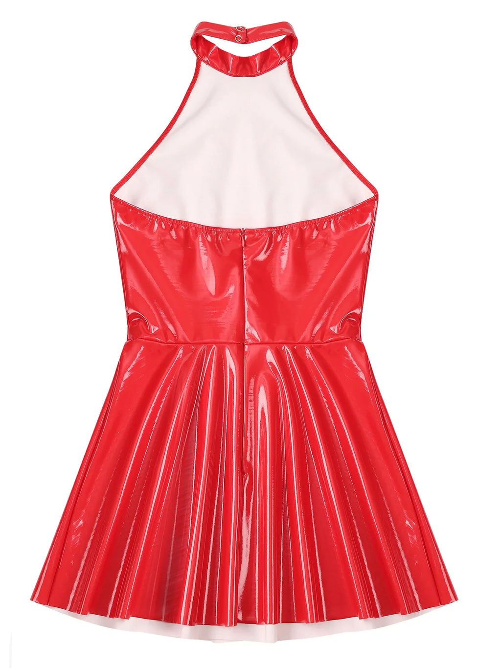 Womens Glossy Patent Leather Glossy Mini Skater Dress Halter Backless Bodycon Lingerie A-Line Dresses Rave Disco Party Clubwear