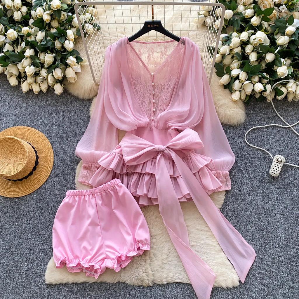 Fairycore Lace Chiffon Dresses With Stretch Shorts Pearl Button Bow Female Ruffles Sheer Seaside Holiday Mini Dress