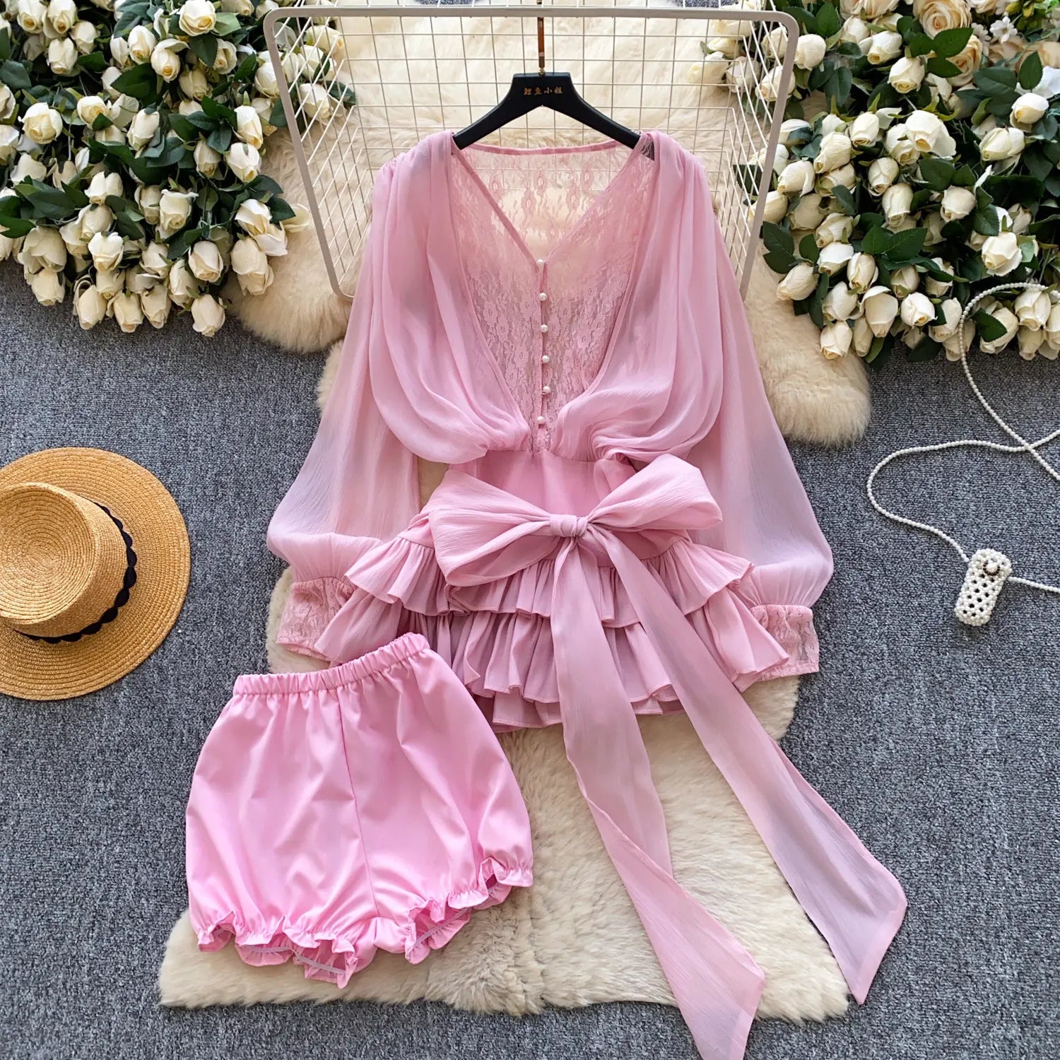 Fairycore Lace Chiffon Dresses With Stretch Shorts Pearl Button Bow Female Ruffles Sheer Seaside Holiday Mini Dress