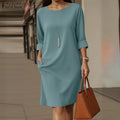 Elegant Women Party Dress 2026 Summer Fashion 3/4 Sleeve Casual Shirt Vestidos Pockets Loose Solid Knee-length Sundress