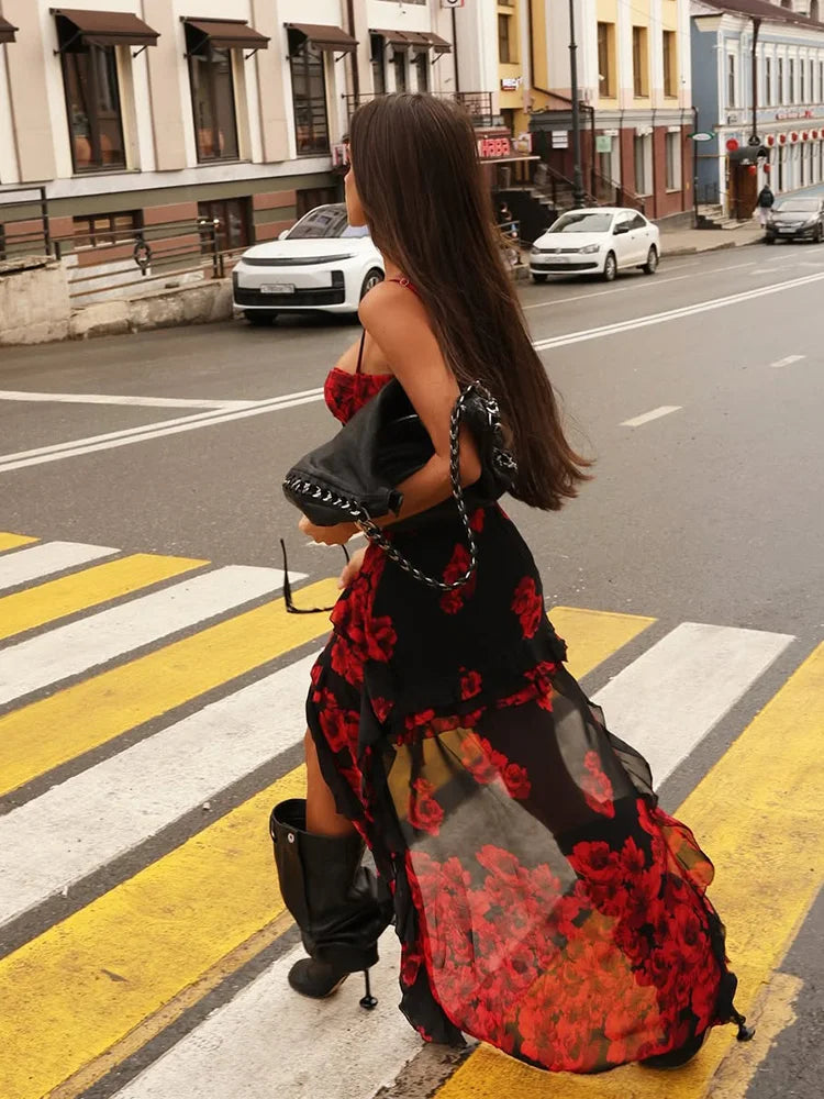 2025 Summer Fashion Women's Straps Dresses Print Asymmetrical Chiffon Floral Streetwear Skinny Trailing Yk2 Vestidos