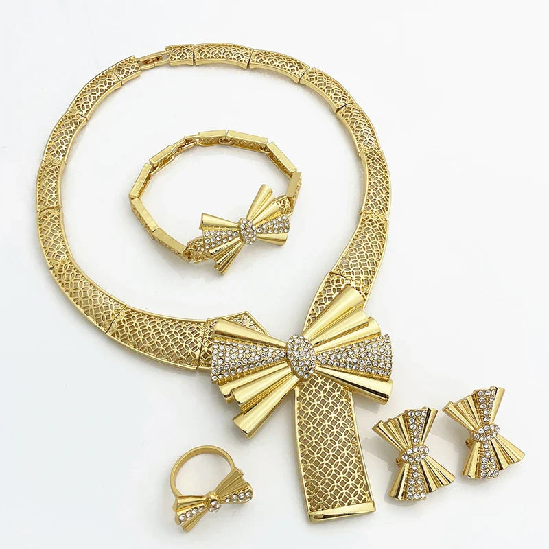 Italy 18k Gold Plated Women Jewelry Set Classic Design Bowknot Necklace Earring Bracelet And Ring 4PCS Set Jewelry Wedding Party