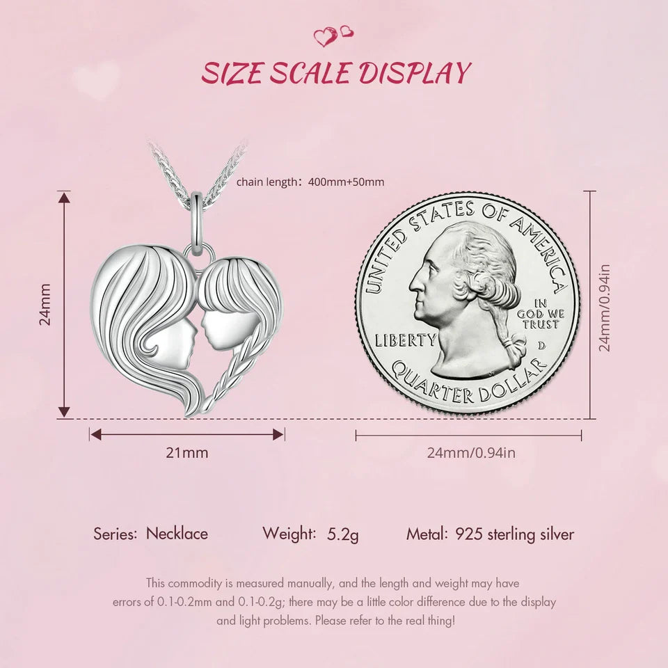 925 Sterling Silver Mother and Daughter Heart Shape Pendant Necklace for Women Birthday Mother's Day Gift Fine Jewelry