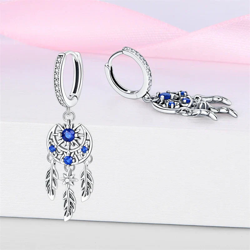 New in 925 Silver Romantic Feather Moon Stars Dream Catcher Earrings For Women Trending Fashion Jewelry Creative Birthday Gifts
