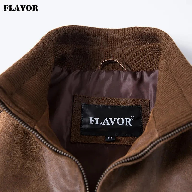 FLAVOR Men's Real Pigskin Leather Bomber Casual Jacket Stand Collar Leather Coat