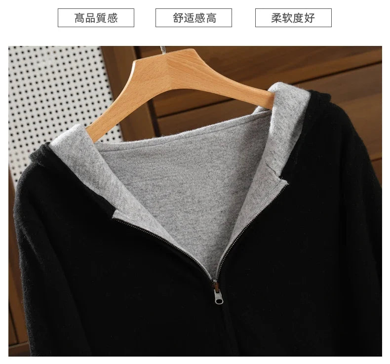 Double-Sided Hooded Zippered Men's Cashmere Cardigan Autumn and Winter Contrasting Color Thickened Loose Casual Knitted Sweater