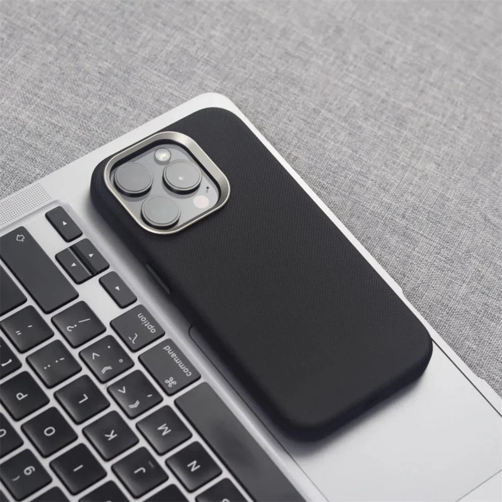 Luxury Alloy Lens Frame Particle PU Leather Magnetic Case For iPhone 17 16 Pro Max 15 14 13 For Magsafe Wireless Charging Cover