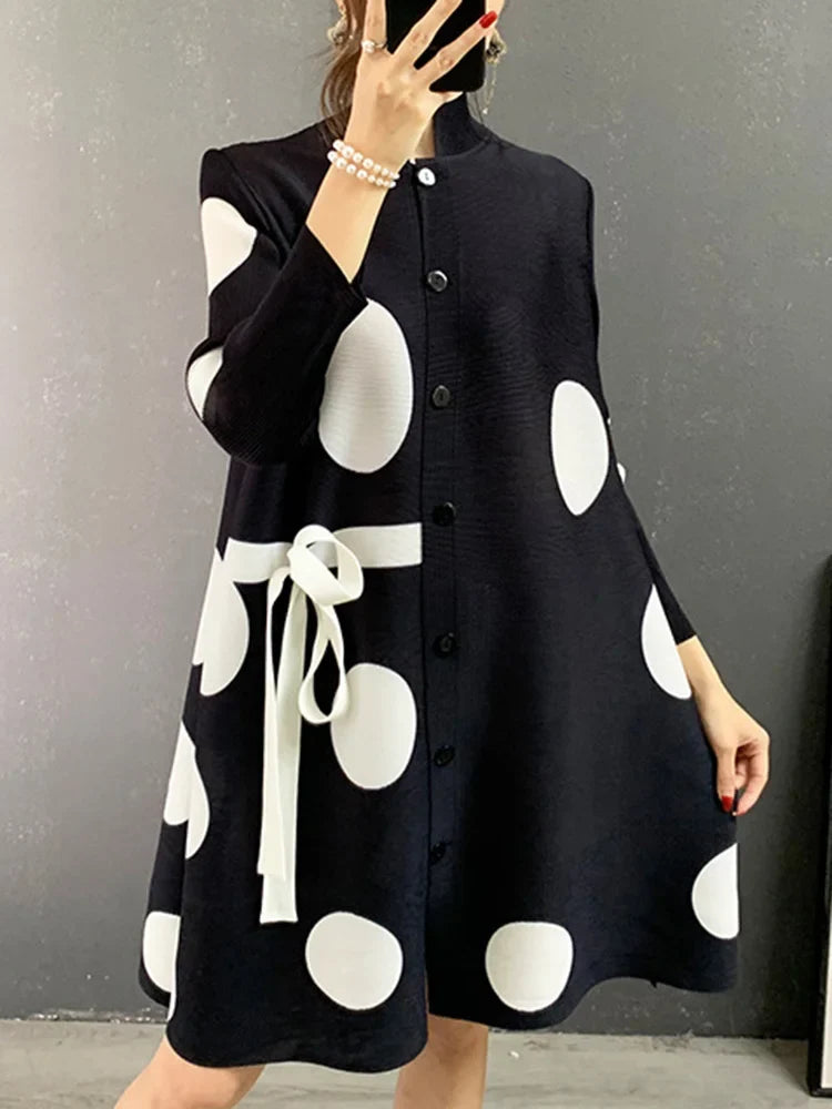 Pleated Dot Printing Dress 2025 Autumn Single Breasted Plus Size Drawstring Elegant Streetwear Festival Women Clothing