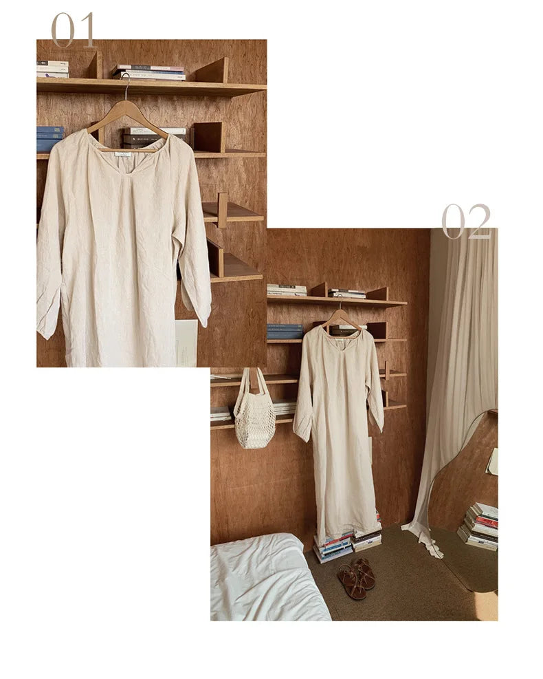 Vintage 100% Cotton Women Dress V Neck Long Sleeve Korean Jananse Pajama Dresses Ladies Comfortable Homewear Wearable Outside