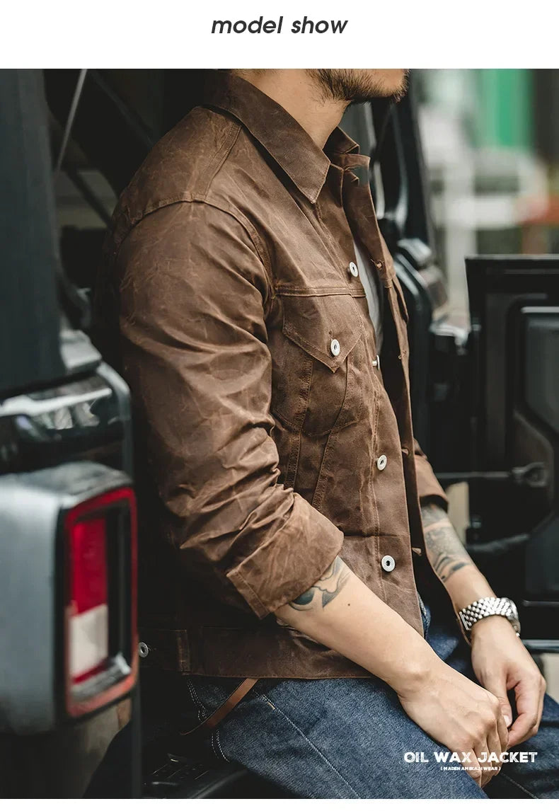 Amekaji Retro Male Oil Waxed Jacket Canvas Cotton Khaki Military Uniform Light Casual Work Safari Style Coats Man Clothing