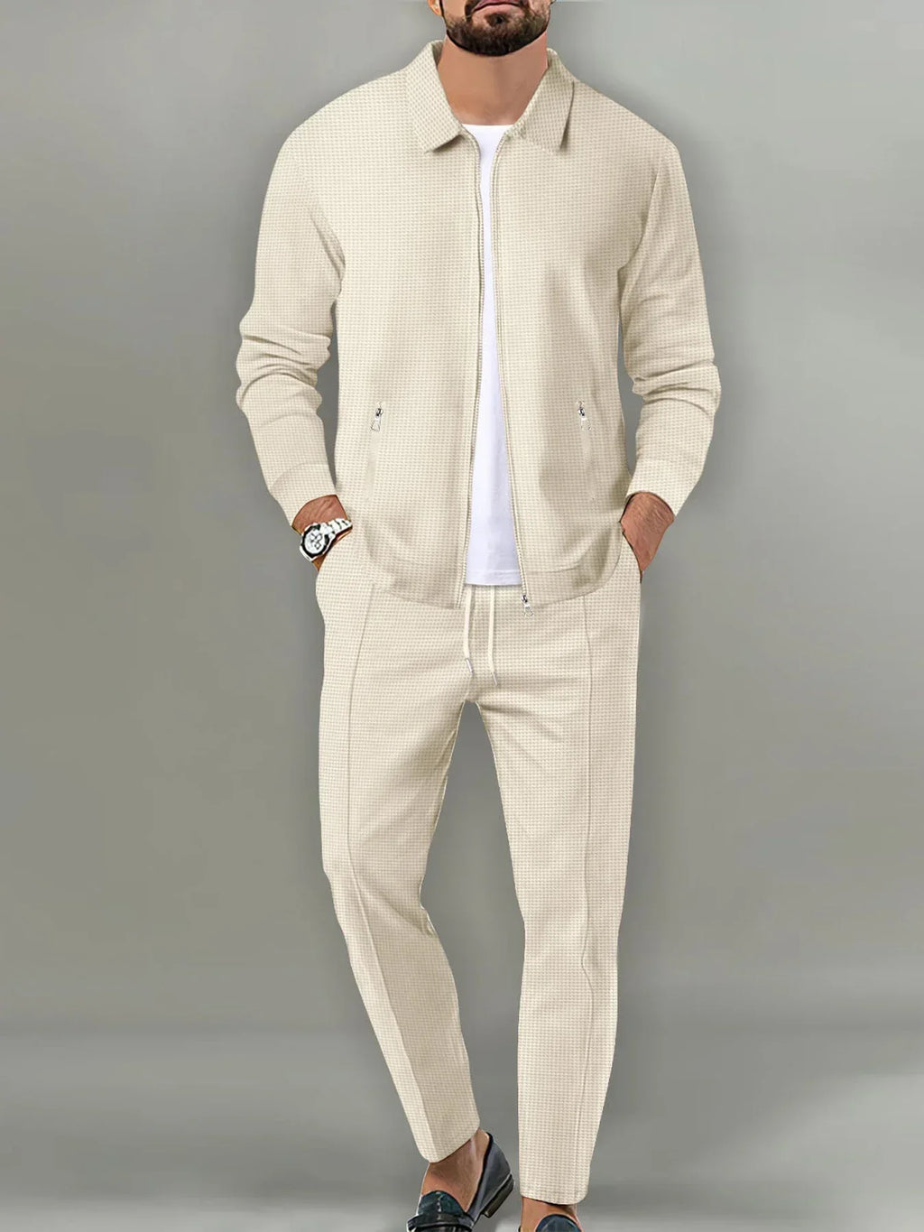 Men's Casual Solid Color Zipper Jacket and Pants Suit - Breathable Polyester Fiber for Spring/Autumn